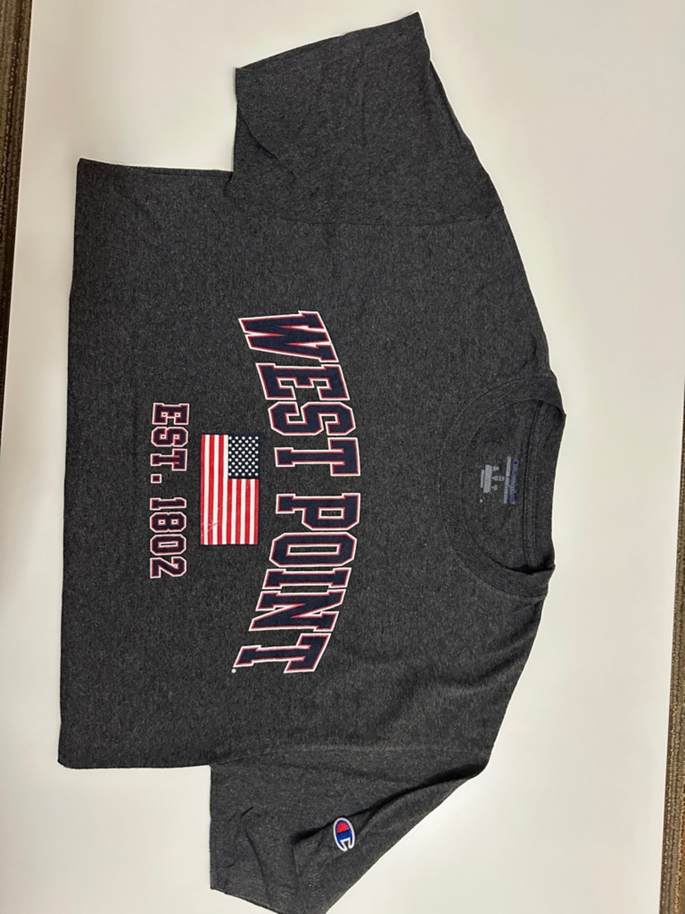 Champion Charcoal West Point Graphic Tee with Red, White, Blue Accents